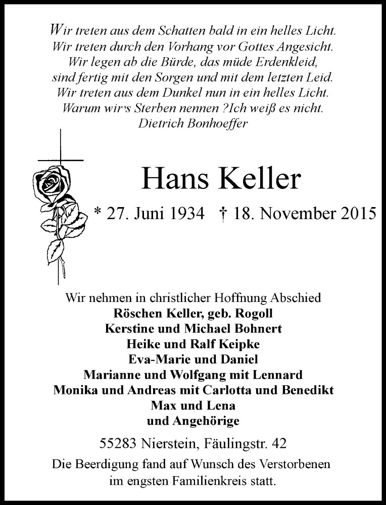  Traueranzeige für Hans Keller vom 25.11.2015 aus  Landskrone