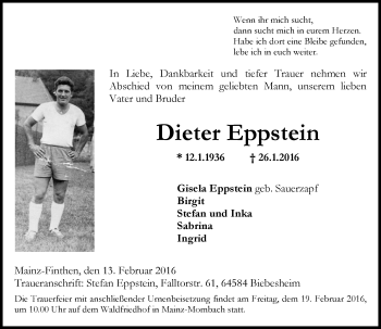 Traueranzeige von Dieter Eppstein von  Allgemeine Zeitung Mainz