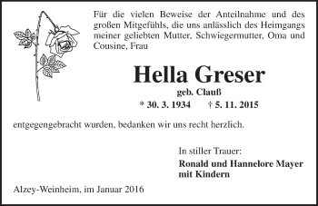 Traueranzeige von Ella Greser von  Wormser Zeitung