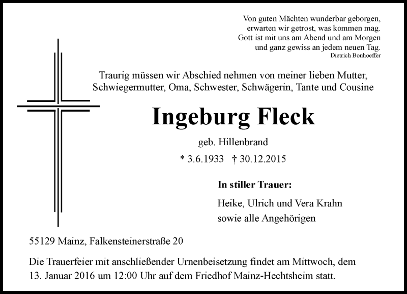  Traueranzeige für Ingeburg Fleck vom 09.01.2016 aus  Allgemeine Zeitung Mainz