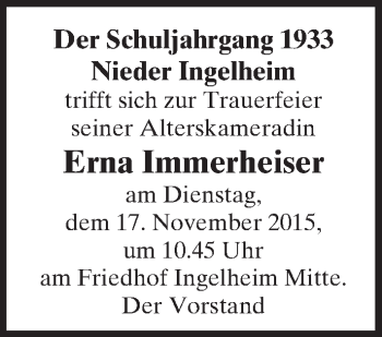 Traueranzeige von Erna Immerheiser von  Allgemeine  Zeitung Ingelheim-Bingen