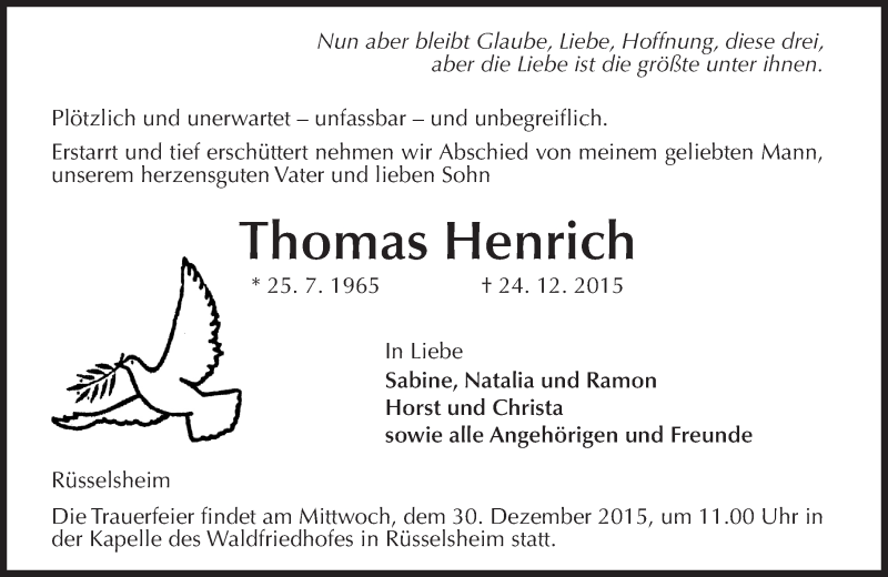  Traueranzeige für Thomas Henrich vom 29.12.2015 aus  Mainspitze