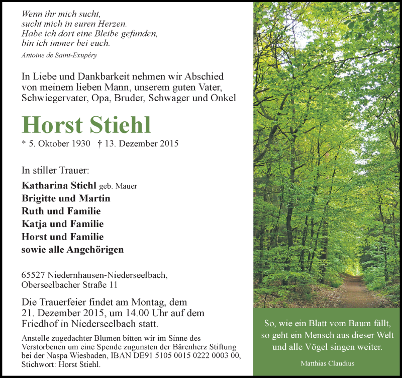 Traueranzeige für Horst Stierst vom 16.12.2015 aus  Wiesbaden komplett