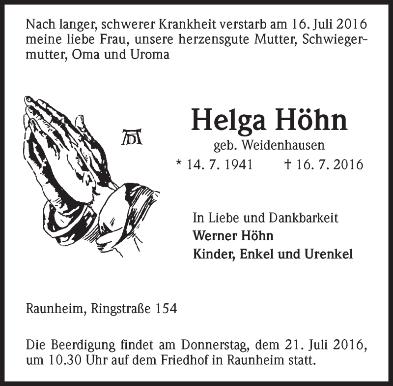  Traueranzeige für Helga Höhn vom 19.07.2016 aus Trauerportal Rhein Main Presse
