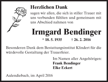 Traueranzeige von Irmgard Bendinger von  Sonntags Anzeiger
