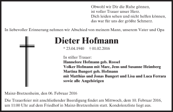Traueranzeige von Dieter Hofmann von  Allgemeine Zeitung Mainz