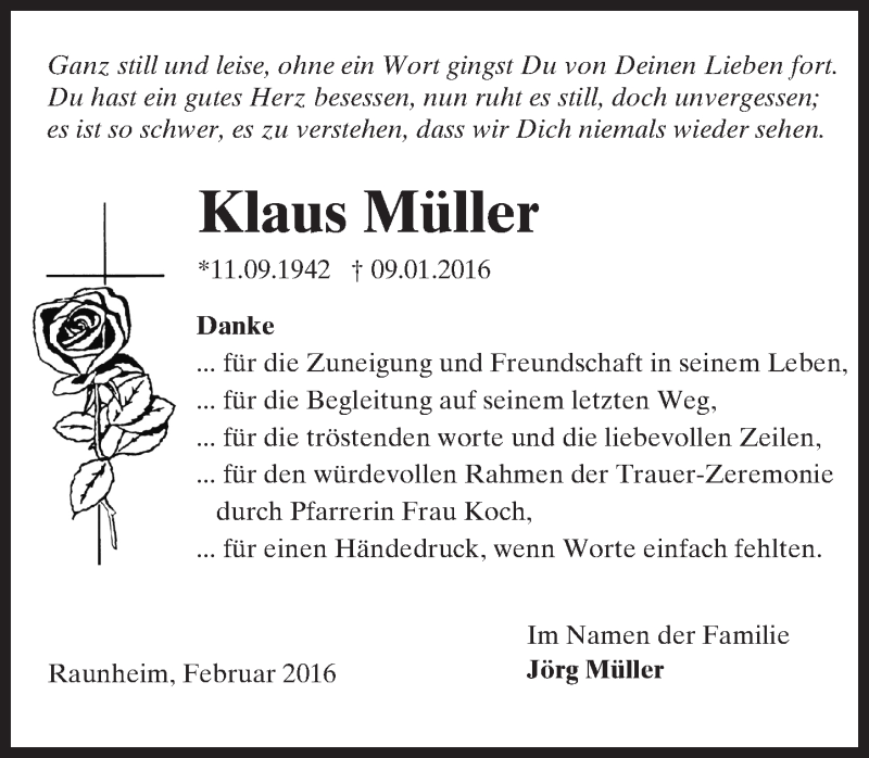 Traueranzeige für Klaus Müller vom 15.02.2016 aus  Mainspitze