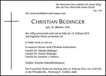 Traueranzeige von Christian Büdinger von  Gießener Anzeiger