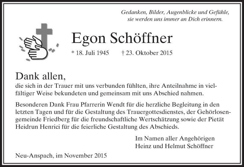  Traueranzeige für Egon Schöffner vom 17.11.2015 aus  Usinger Anzeiger
