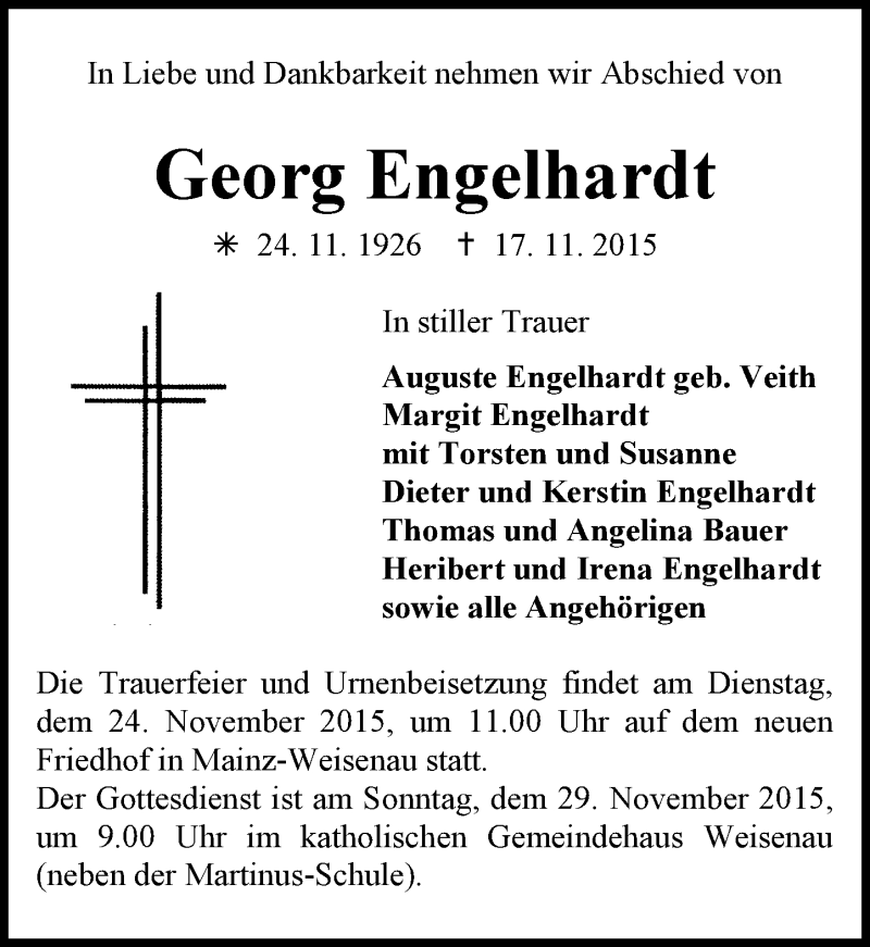  Traueranzeige für Georg Engelhardt vom 21.11.2015 aus  Allgemeine Zeitung Mainz