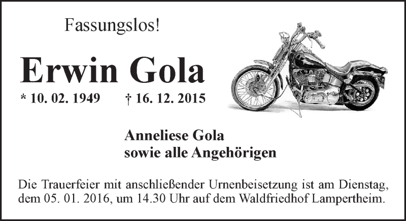  Traueranzeige für Erwin Gola vom 02.01.2016 aus  Bürstädter Zeitung