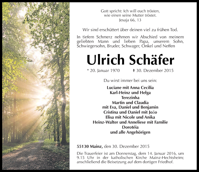  Traueranzeige für Ulrich Schäfer vom 12.01.2016 aus  Allgemeine Zeitung Mainz