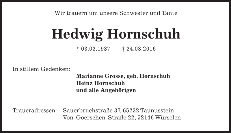  Traueranzeige für Hedwig Hornschuh vom 02.04.2016 aus  Wiesbaden komplett