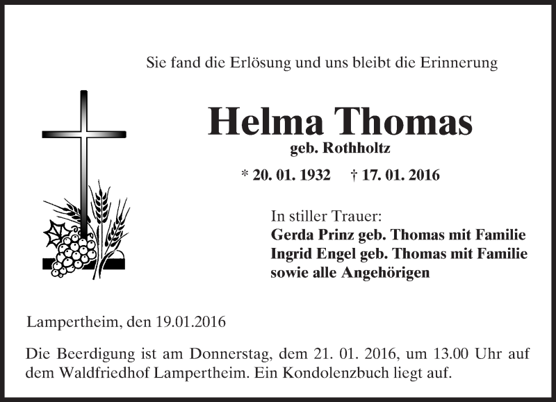  Traueranzeige für Helma Thomas vom 19.01.2016 aus  Bürstädter Zeitung