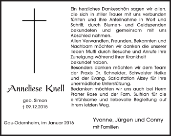 Traueranzeige von Anneliese Knell von  Allgemeine Zeitung Alzey