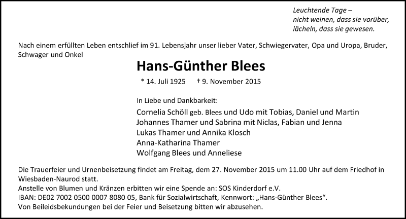  Traueranzeige für Hans-Günther Blees vom 14.11.2015 aus  Wiesbaden komplett