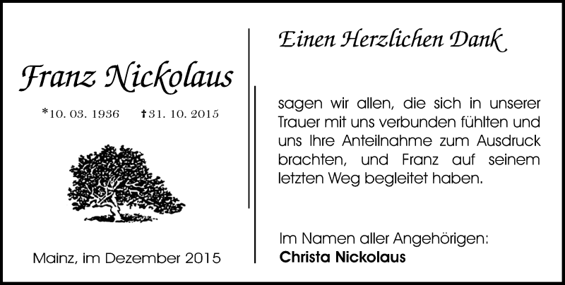  Traueranzeige für Franz Nickolaus vom 05.12.2015 aus  Allgemeine Zeitung Mainz