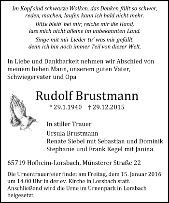 Traueranzeige von Rudolf Brustmann von  Hofheimer Zeitung