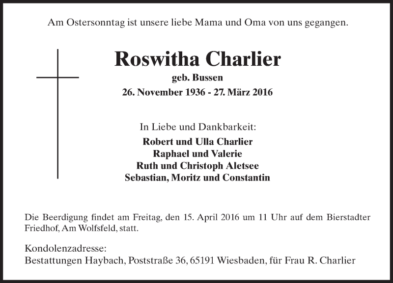  Traueranzeige für Roswitha Charlier vom 02.04.2016 aus  Wiesbaden komplett