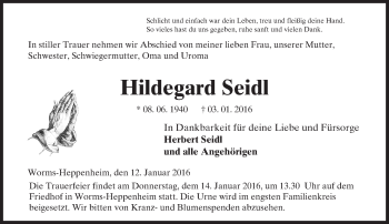 Traueranzeige von Hildegard Seidl von  Wormser Zeitung
