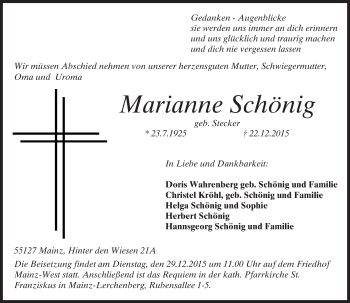 Traueranzeige von Marianne Schönig von  Allgemeine Zeitung Mainz