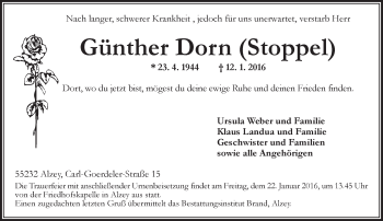 Traueranzeige von Günther Dorn von  Allgemeine Zeitung Alzey