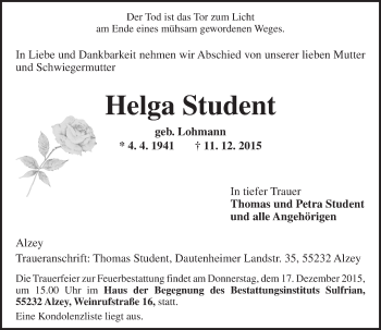 Traueranzeige von Helga Student von  Allgemeine Zeitung Alzey