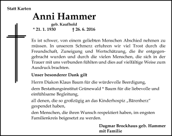 Traueranzeige von Anni Hammer von Trauerportal Rhein Main Presse