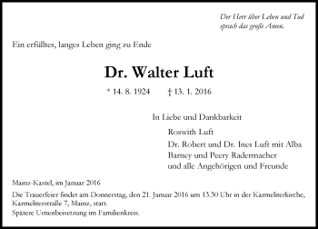 Traueranzeige von Walter Luft von  Allgemeine Zeitung Mainz
