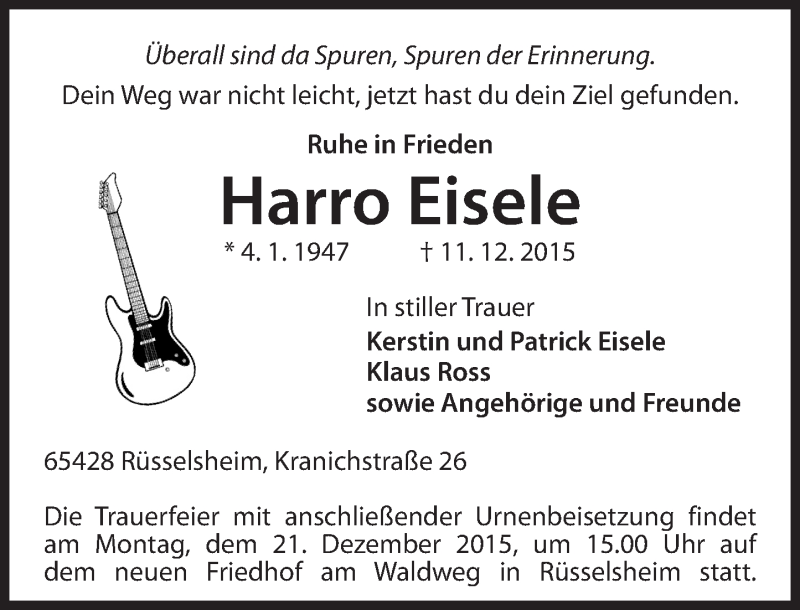  Traueranzeige für Harro Eisele vom 16.12.2015 aus  Allgemeine Zeitung Mainz