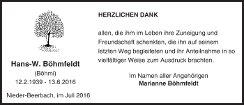 Traueranzeige von Hans Böhmfeldt von Trauerportal Echo Online
