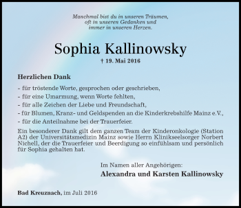Traueranzeige von Sophia Kallinowsky von Trauerportal Rhein Main Presse
