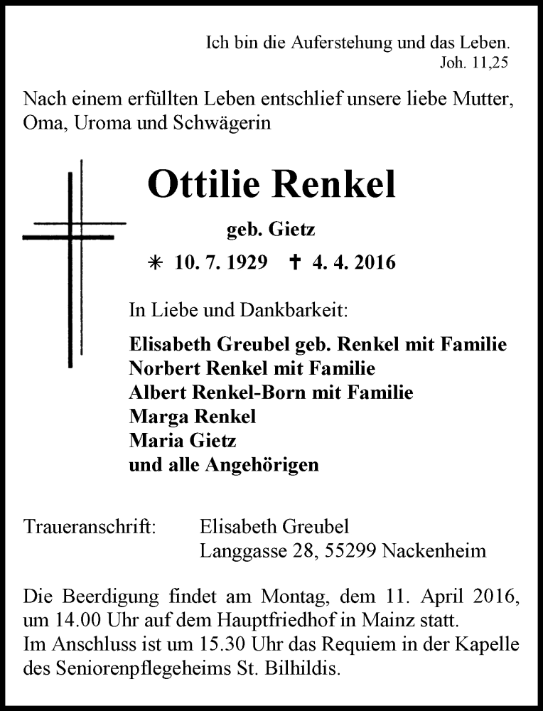  Traueranzeige für Ottilie Renkel vom 09.04.2016 aus  Allgemeine Zeitung Mainz