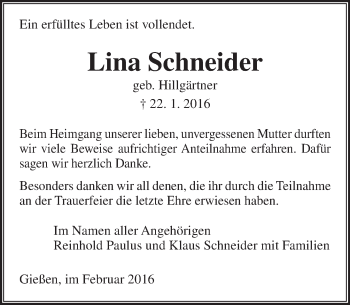 Traueranzeige von Lina Schneider von  Gießener Anzeiger