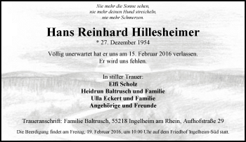 Traueranzeige von Hans Reinhard Hillesheimer von  Allgemeine  Zeitung Ingelheim-Bingen