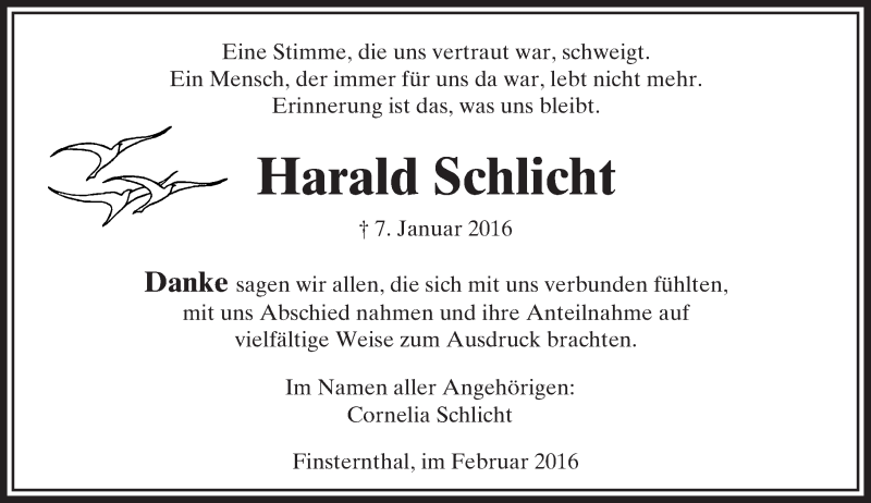  Traueranzeige für Harald Schlicht vom 06.02.2016 aus  Usinger Anzeiger