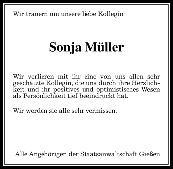 Traueranzeige von Sonja Müller von  Gießener Anzeiger