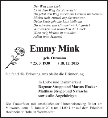 Traueranzeige von Emmy Mink von  Wormser Zeitung