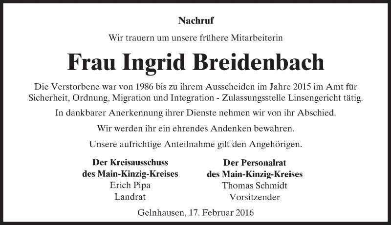  Traueranzeige für Ingrid Breidenbach vom 18.02.2016 aus  Gelnhäuser Tageblatt