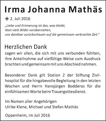 Traueranzeige von Irma Johanna Mathäs von Trauerportal Rhein Main Presse