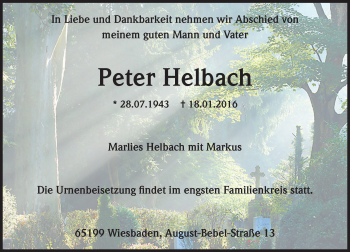 Traueranzeige von Peter Helbach von  Wiesbaden komplett