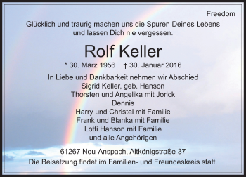 Traueranzeige von Rolf Keller von  Usinger Anzeiger