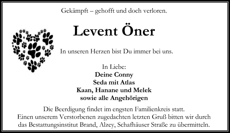  Traueranzeige für Levent Öner vom 28.12.2015 aus  Allgemeine Zeitung Alzey