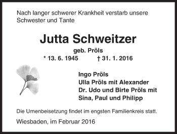 Traueranzeige von Jutta Schweitzer von  Wiesbaden komplett