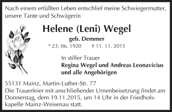 Traueranzeige von Helene Wegel von  Allgemeine Zeitung Mainz