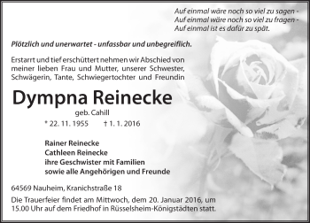 Traueranzeige von Dympna Reinecke von  Mainspitze