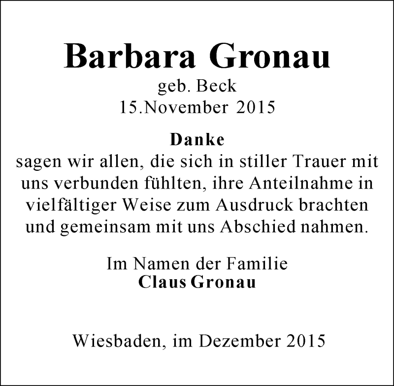  Traueranzeige für Barbara Gronau vom 05.12.2015 aus  Wiesbaden komplett