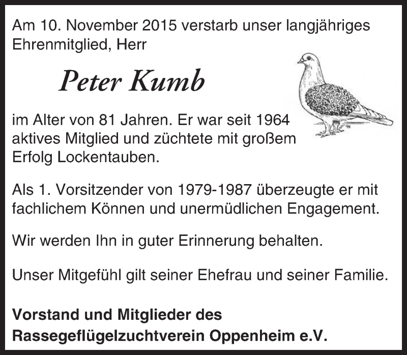 Traueranzeige für Peter Kumb vom 14.11.2015 aus  Landskrone