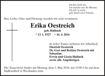 Traueranzeige von Erika Oestreich von  Wiesbaden komplett