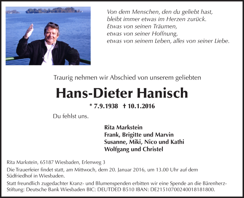  Traueranzeige für Hans-Dieter Hanisch vom 16.01.2016 aus  Wiesbaden komplett